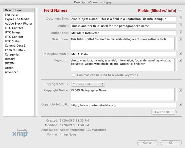 Screenshot of metadata in Photoshop