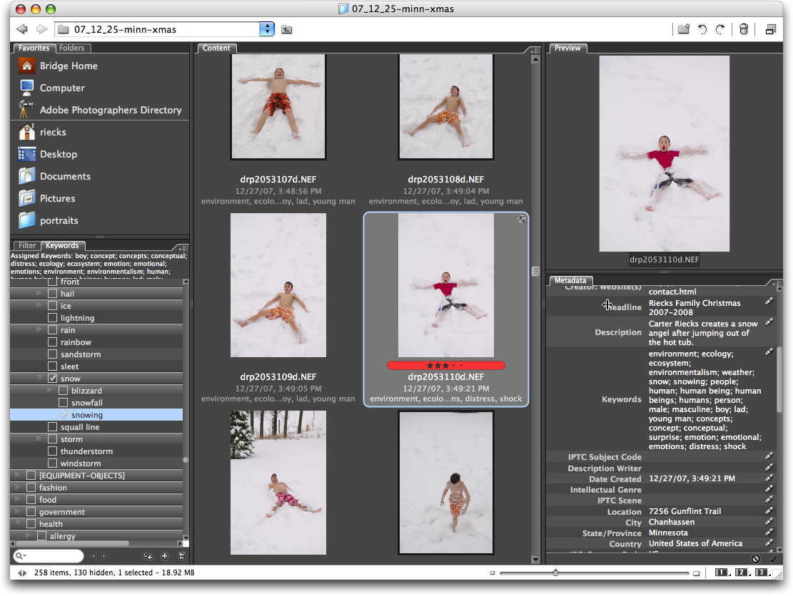 A selection of images in Bridge 2.1 (for Creative Suite 3), showing the Keyword and Metadata panels.